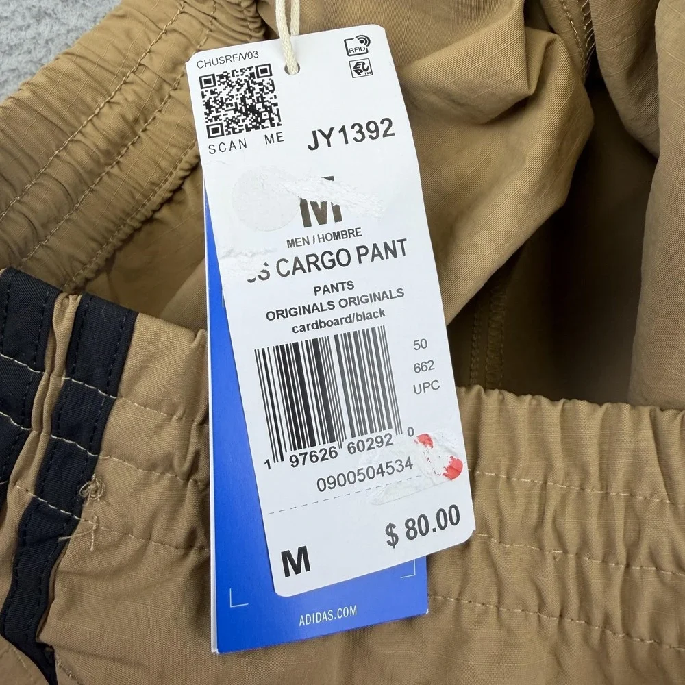 Adidas 3S Cargo Pants‎ Mens Medium Beige Originals Nylon Track Stripe Pockets